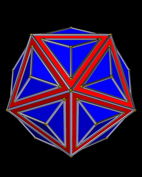 A Rhombic Triacontahedron, Peeking Through the Faces of an Icosahedron