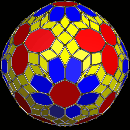 Zonohedrified Convex hull 306 faces colored by number of edges per face.gif